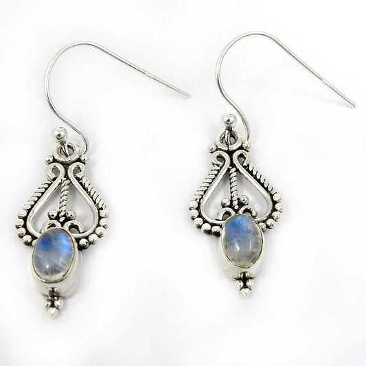 Natural Rainbow Moonstone Drop Dangle Antique Look Earrings 925 Silver K6