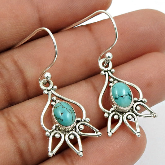 925 Solid Silver Oval Turquoise Gemstone Engagement Ethnic Dangle Drop Earrings