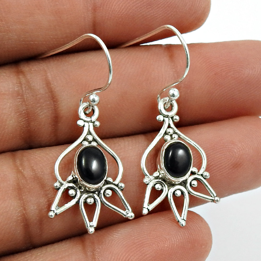 Woman Gift Natural Black Onyx Drop Dangle Bohemian Earrings 925 Silver B16