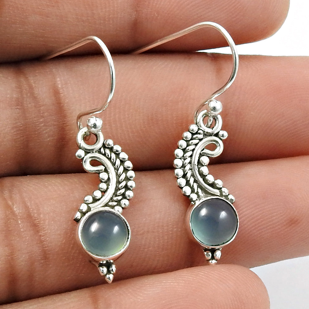 Woman Gift Natural Chalcedony Drop Dangle Vintage Earrings 925 Silver H53
