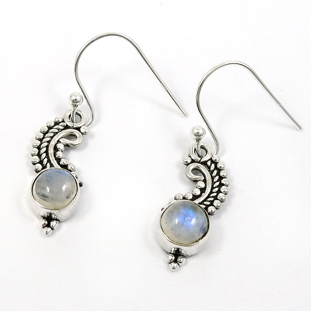 Rainbow Moonstone Stone Antique Look Dangle Drop Earrings Solid Sterling Silver
