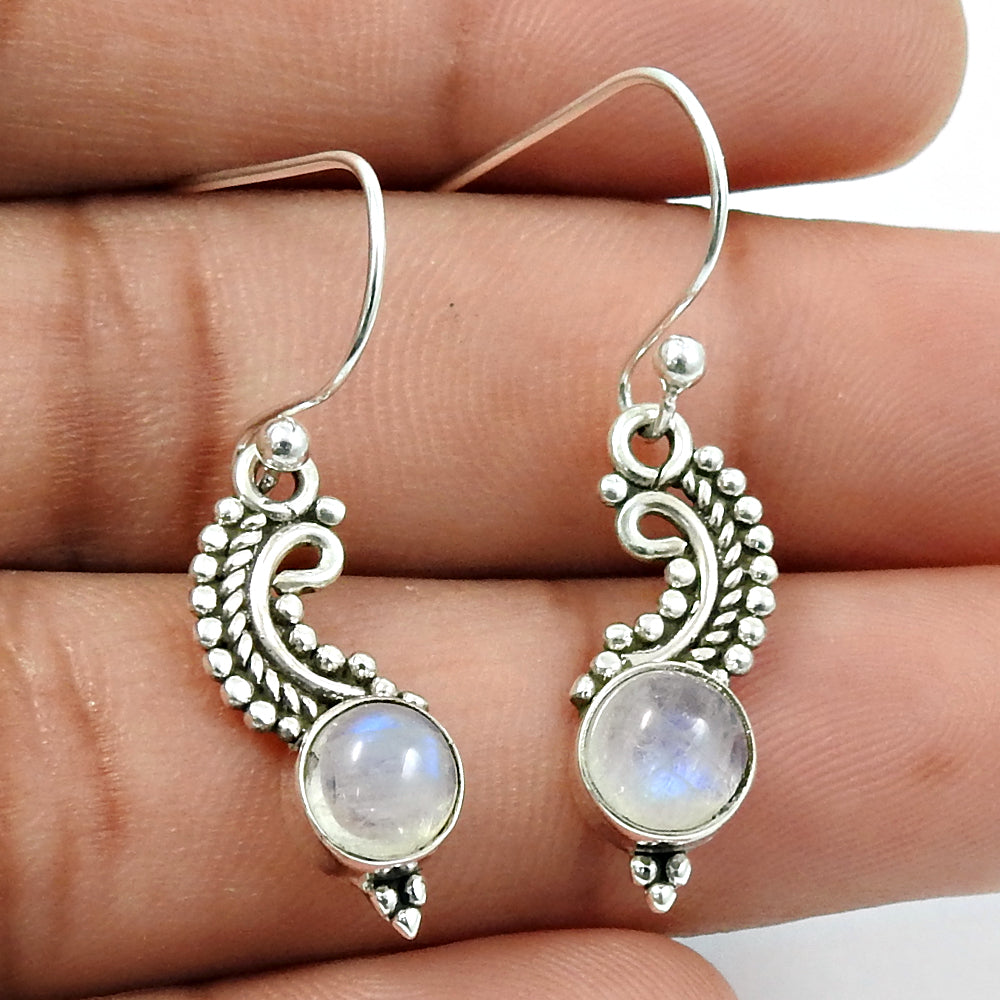 Rainbow Moonstone Stone Antique Look Dangle Drop Earrings Solid Sterling Silver