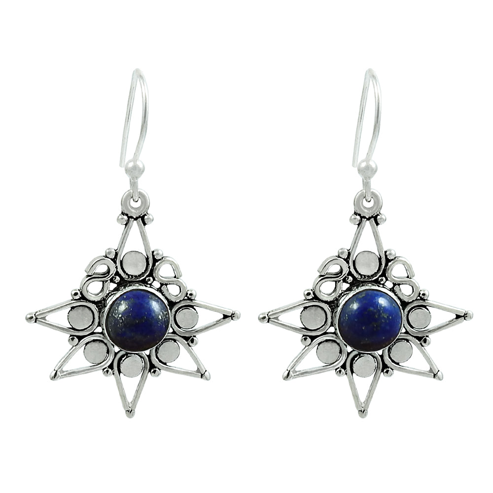 Natural Lapis Lazuli Gemstone Drop Dangle Vintage Earrings 925 Silver V7
