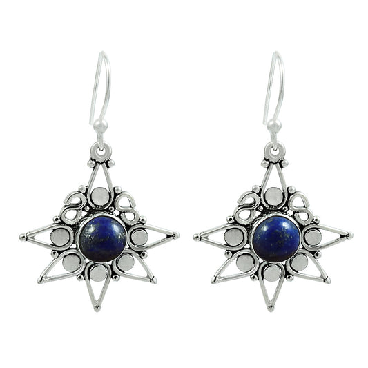 Natural Lapis Lazuli Gemstone Drop Dangle Vintage Earrings 925 Silver V7