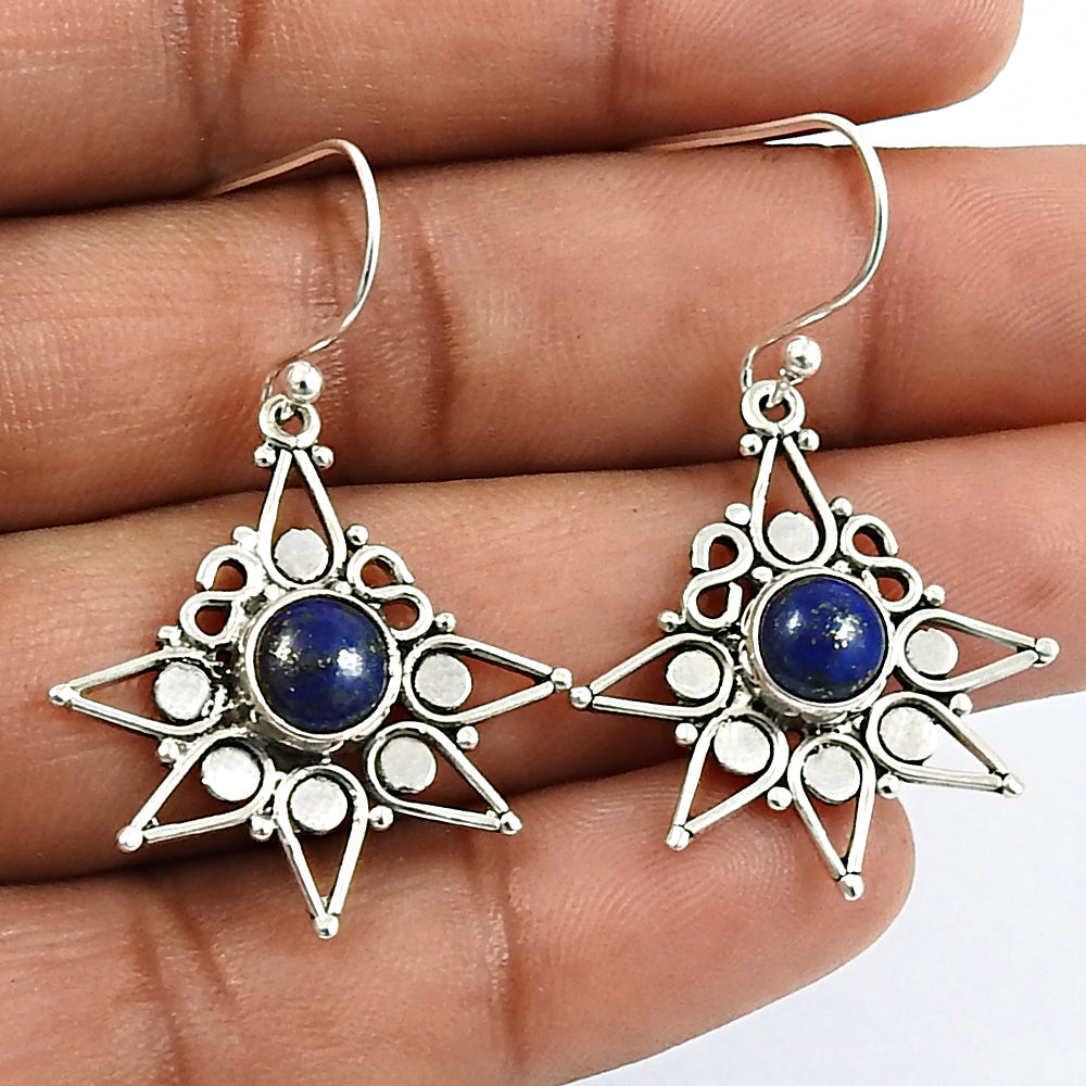 Natural Lapis Lazuli Gemstone Drop Dangle Vintage Earrings 925 Silver V7