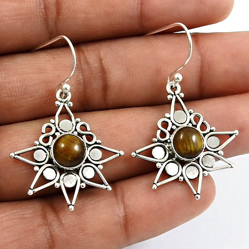 Natural Tiger Eye 925 Silver Drop Dangle Bohemian Earrings For Girls Z7