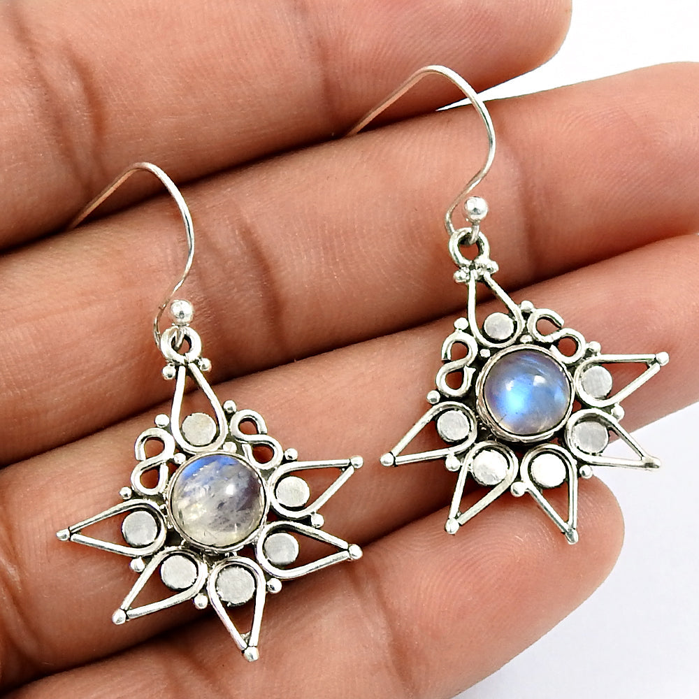 Solid 925 Silver Natural Rainbow Moonstone Charming Earrings Gift For Girls A8