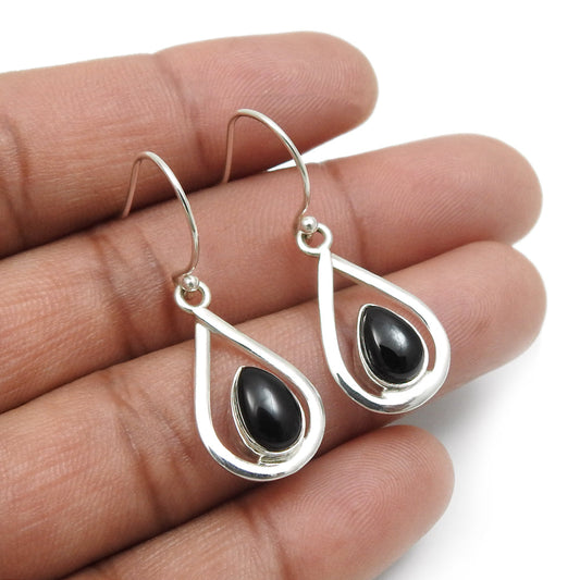 Black Onyx Gemstone 925 Solid Silver Dangle Drop Wedding Root Chakra Earrings