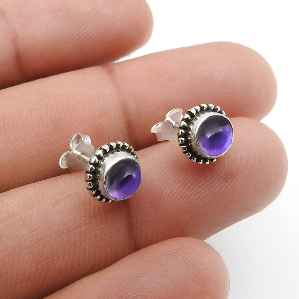 Gift For Her Natural Amethyst Stone Stud Earrings 925 Sterling Silver Jewelry