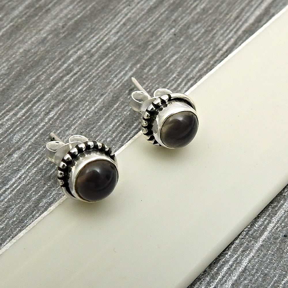 Smoky Quartz Gemstone 925 Sterling Silver Ethnic Stud Post Handcrafted Earrings