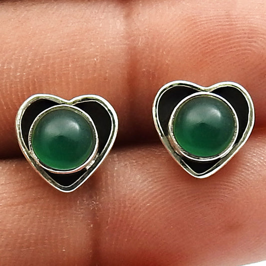 Natural Green Onyx Gemstone Stud Heart Green Earrings 925 Sterling Silver Jewelry I9
