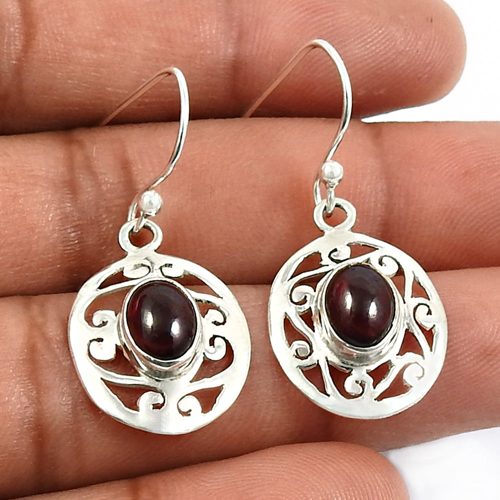 Woman Gift Natural Garnet Drop Dangle Boho Earrings 925 Sterling Silver Q1