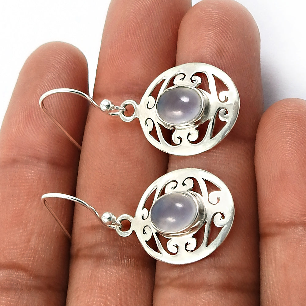 Woman Gift 925 Silver Natural Chalcedony Gemstone Drop Dangle Earrings T9