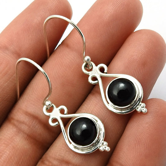 Natural Black Onyx Gemstone Drop Dangle Ethnic Earrings 925 Silver For Girls C10