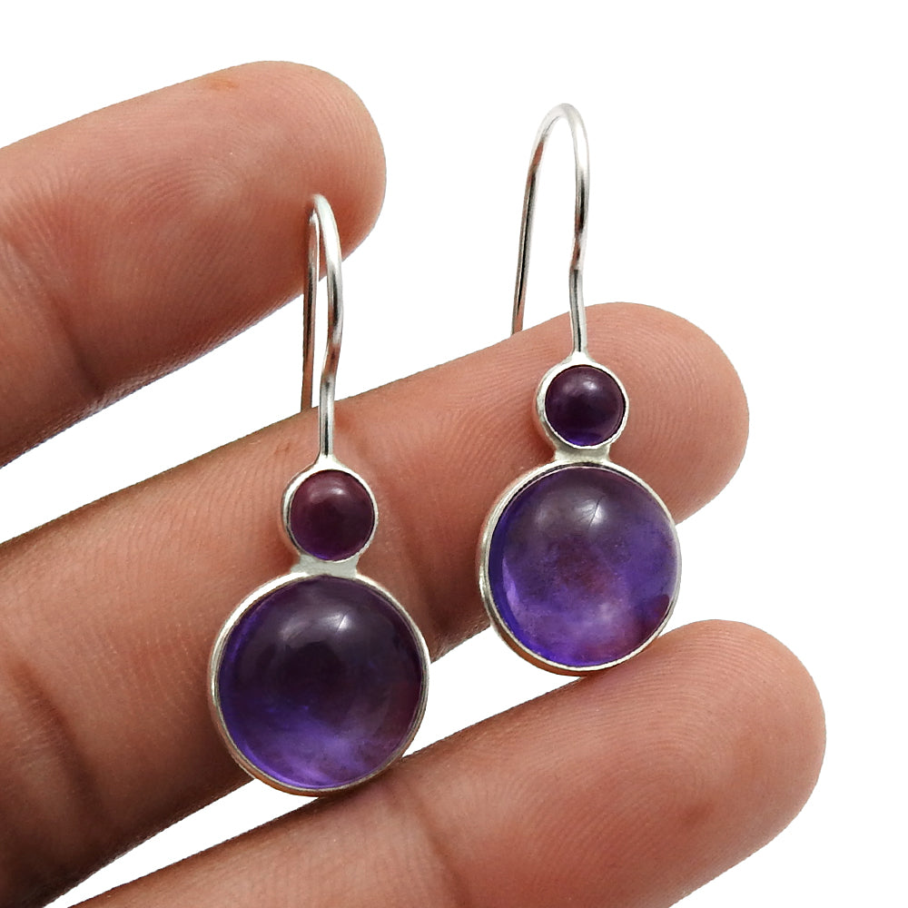Round Natural Amethyst 925 Solid Silver Bohemian Bezel Dangle February Earrings