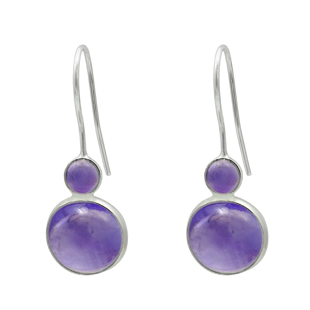 Round Natural Amethyst 925 Solid Silver Bohemian Bezel Dangle February Earrings