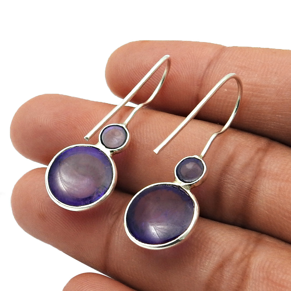 Round Natural Amethyst 925 Solid Silver Bohemian Bezel Dangle February Earrings