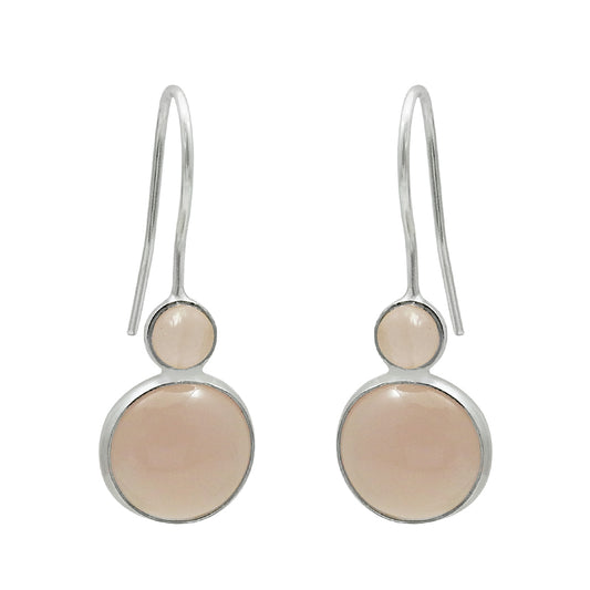 Round Rose Quartz Gemstone Solid Sterling Silver Tribal Hook Dangling Earrings