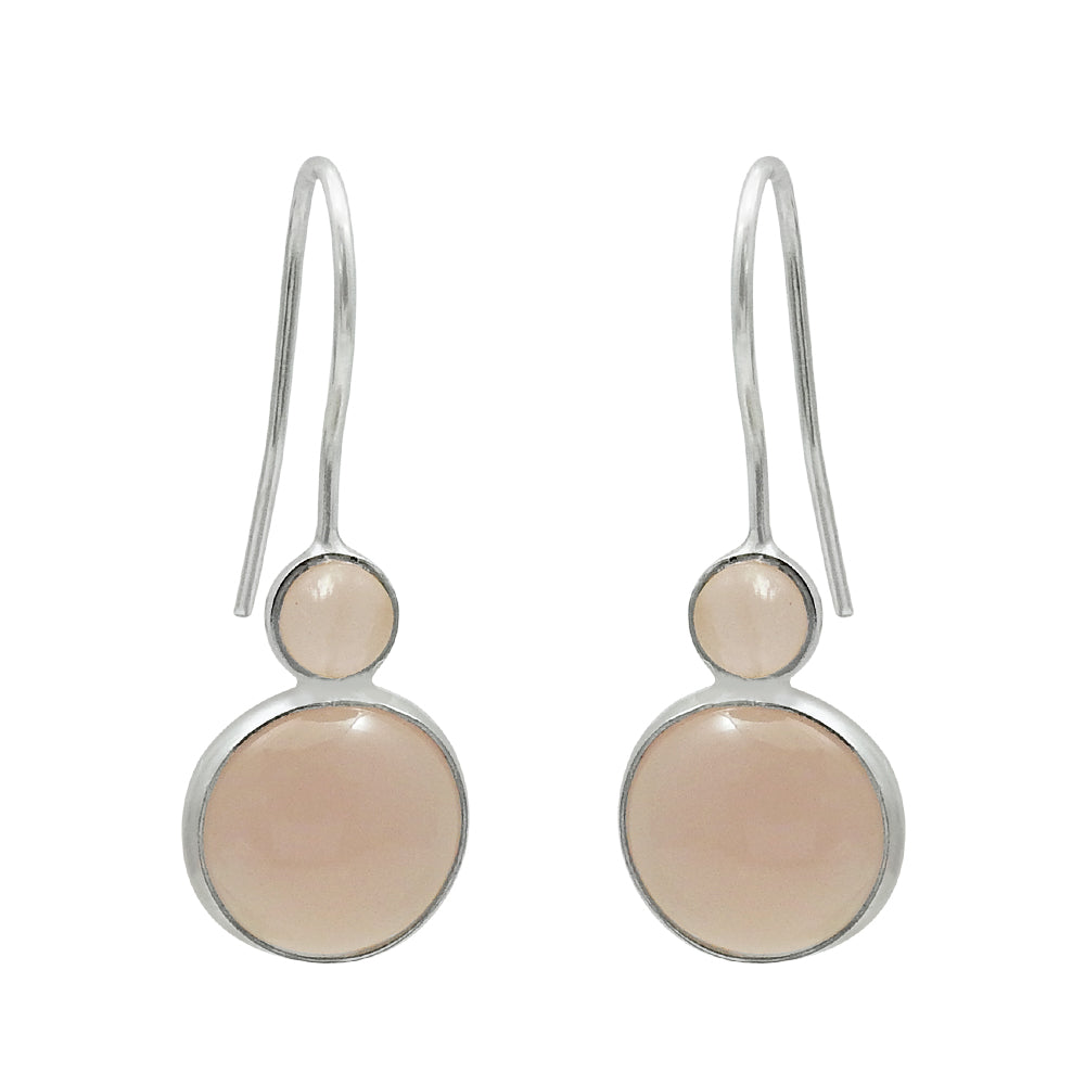 Round Rose Quartz Gemstone Solid Sterling Silver Tribal Hook Dangling Earrings