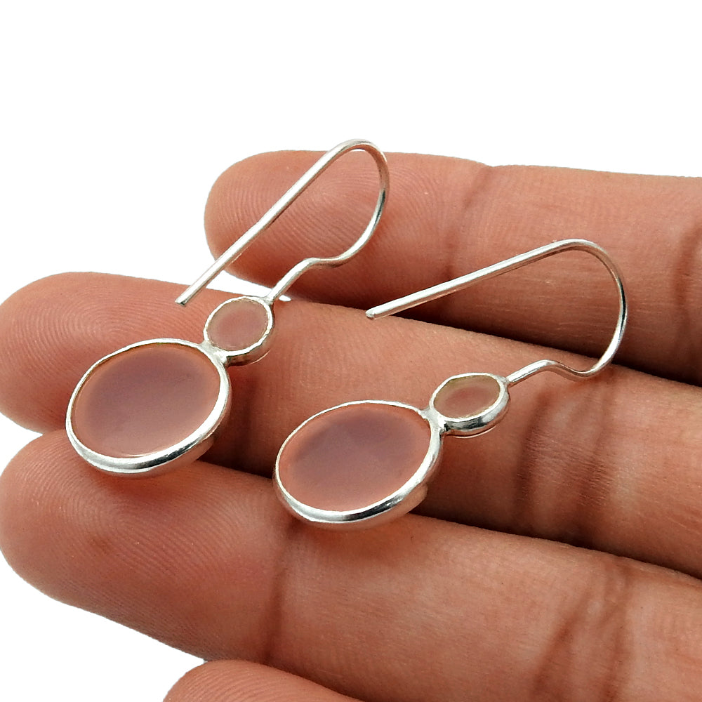 Round Rose Quartz Gemstone Solid Sterling Silver Tribal Hook Dangling Earrings