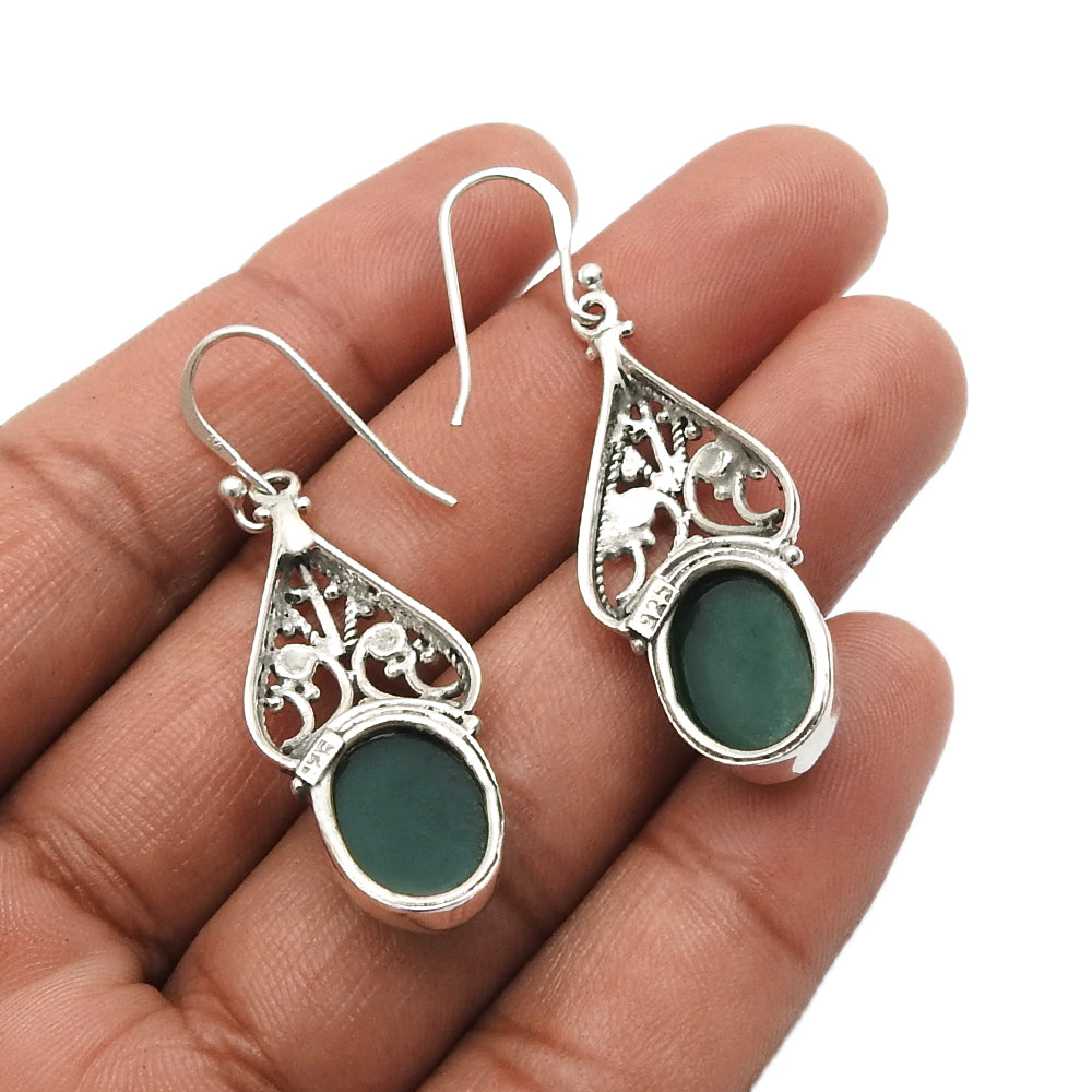 Natural Green Onyx Gemstone Drop Dangle Boho Green Earrings 925 Sterling Silver L10