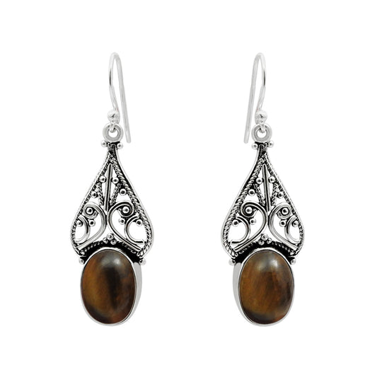 Natural Tiger Eye 925 Silver Drop Dangle Vintage Earrings For Women M10