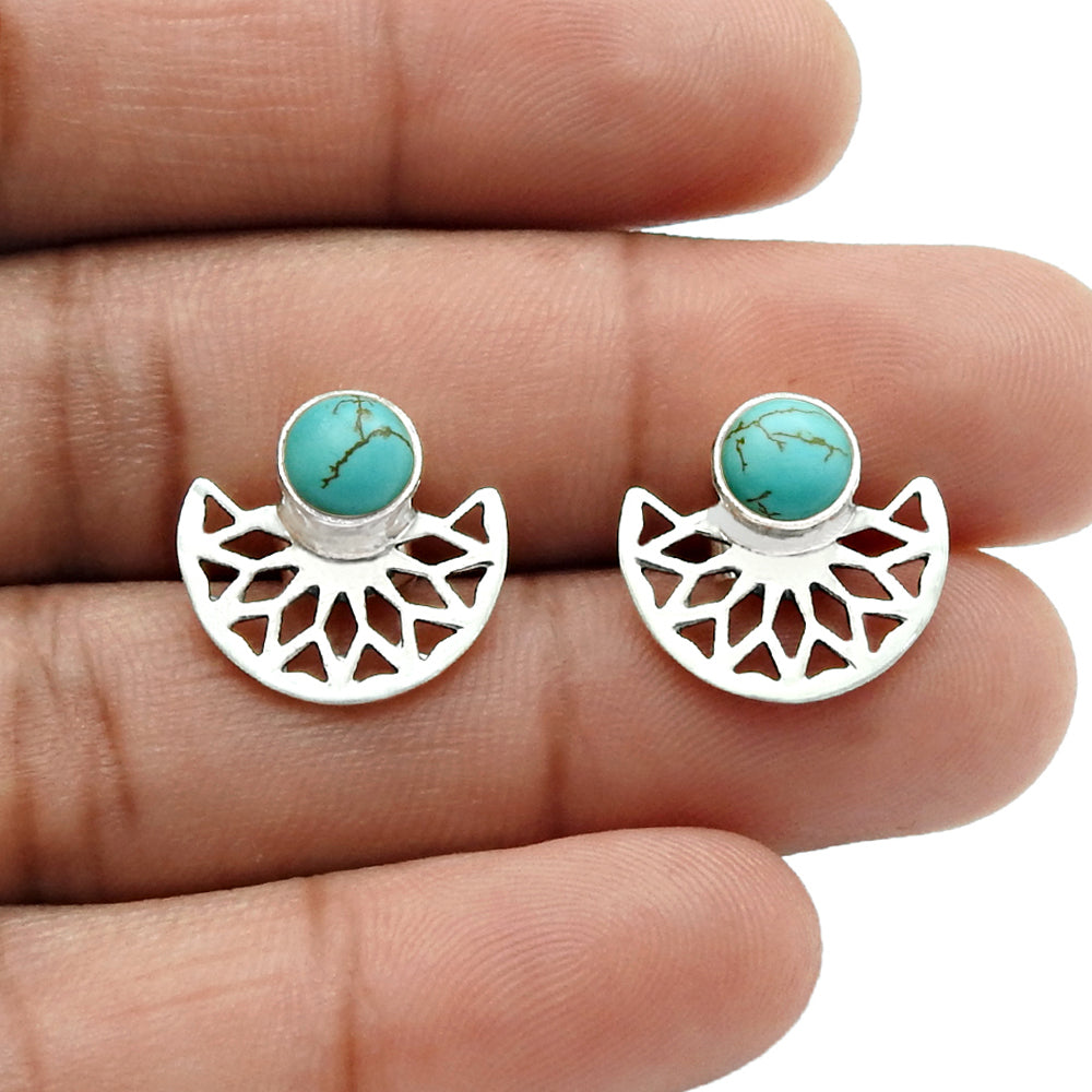 Round Turquoise Stone Solid Sterling Silver Mother Butterfly Stud Post Earrings