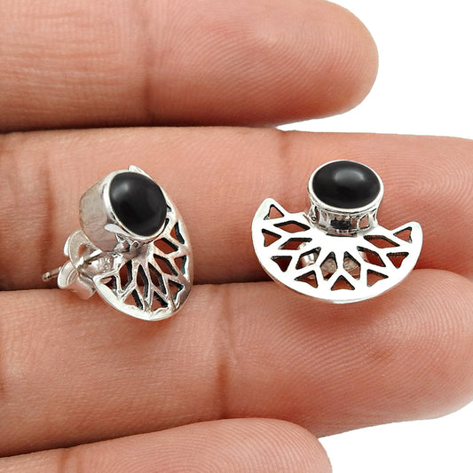 Root Chakra Natural Black Onyx Boho Sister Stud Bezel Earrings 925 Solid Silver