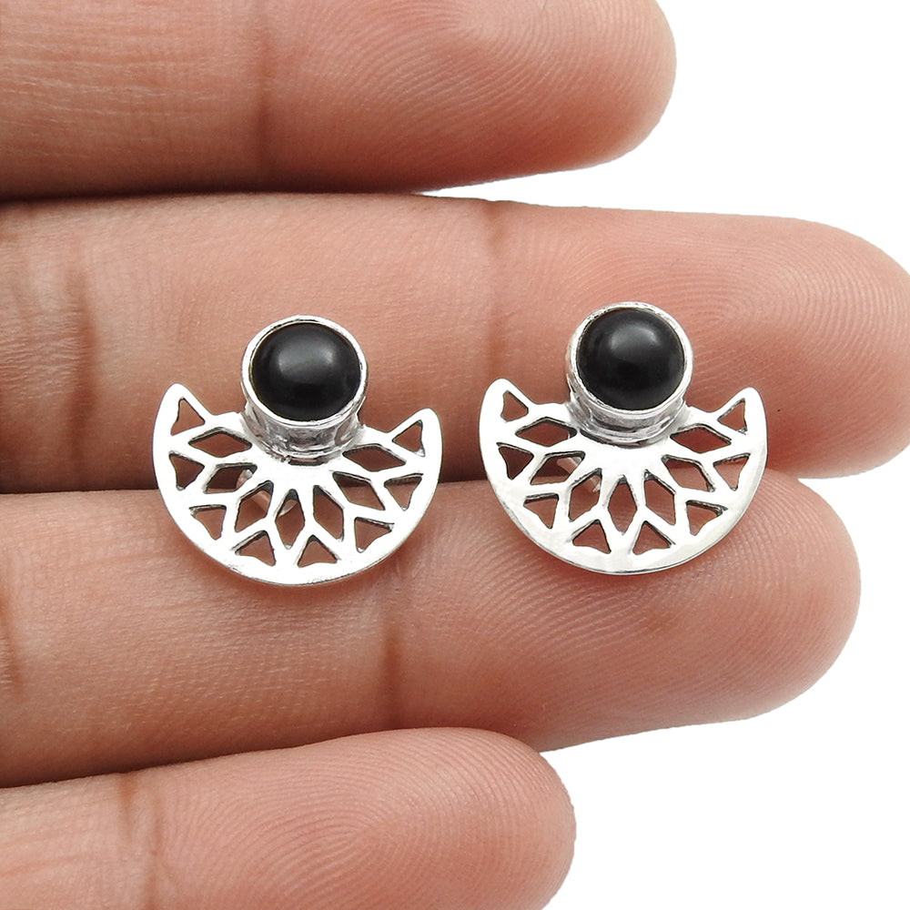 Root Chakra Natural Black Onyx Boho Sister Stud Bezel Earrings 925 Solid Silver