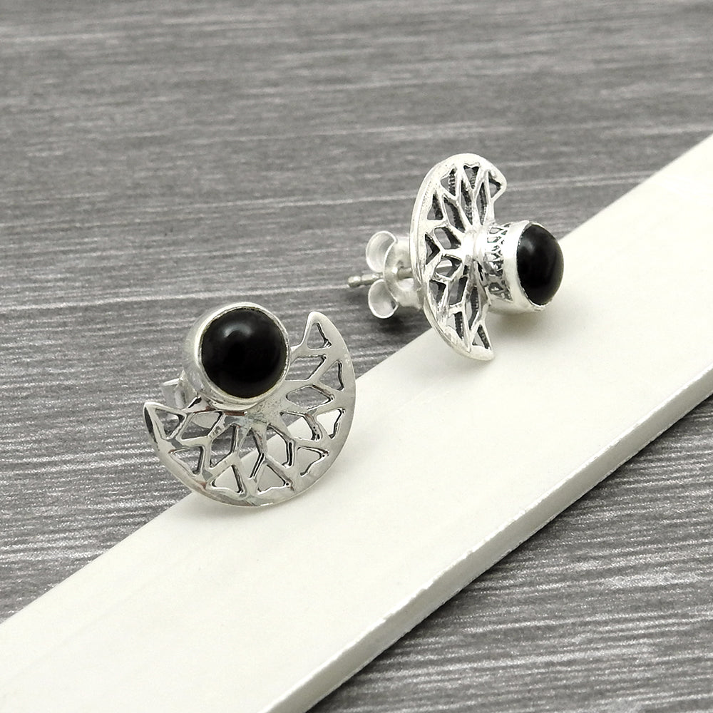 Root Chakra Natural Black Onyx Boho Sister Stud Bezel Earrings 925 Solid Silver