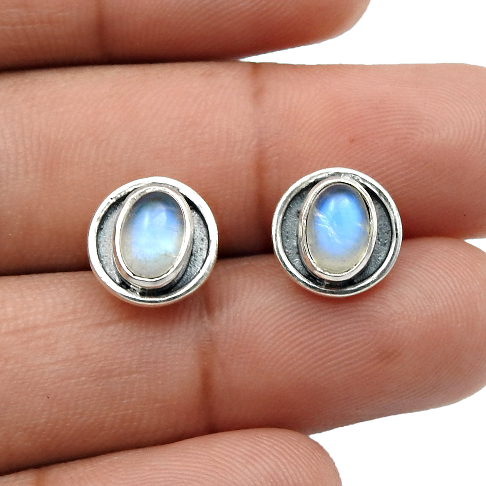 Crown Chakra Rainbow Moonstone Gemstone Solid Sterling Silver Stud Post Earrings