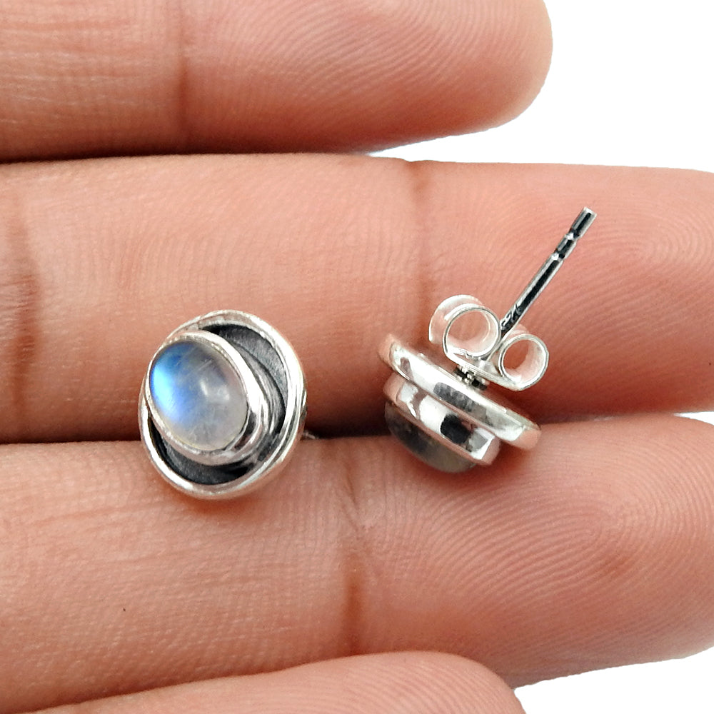 Crown Chakra Rainbow Moonstone Gemstone Solid Sterling Silver Stud Post Earrings