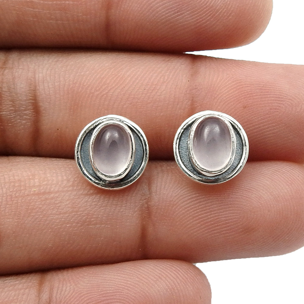 Rose Quartz Gemstone Stud Post Heart Chakra Birthday Earrings Sterling Silver