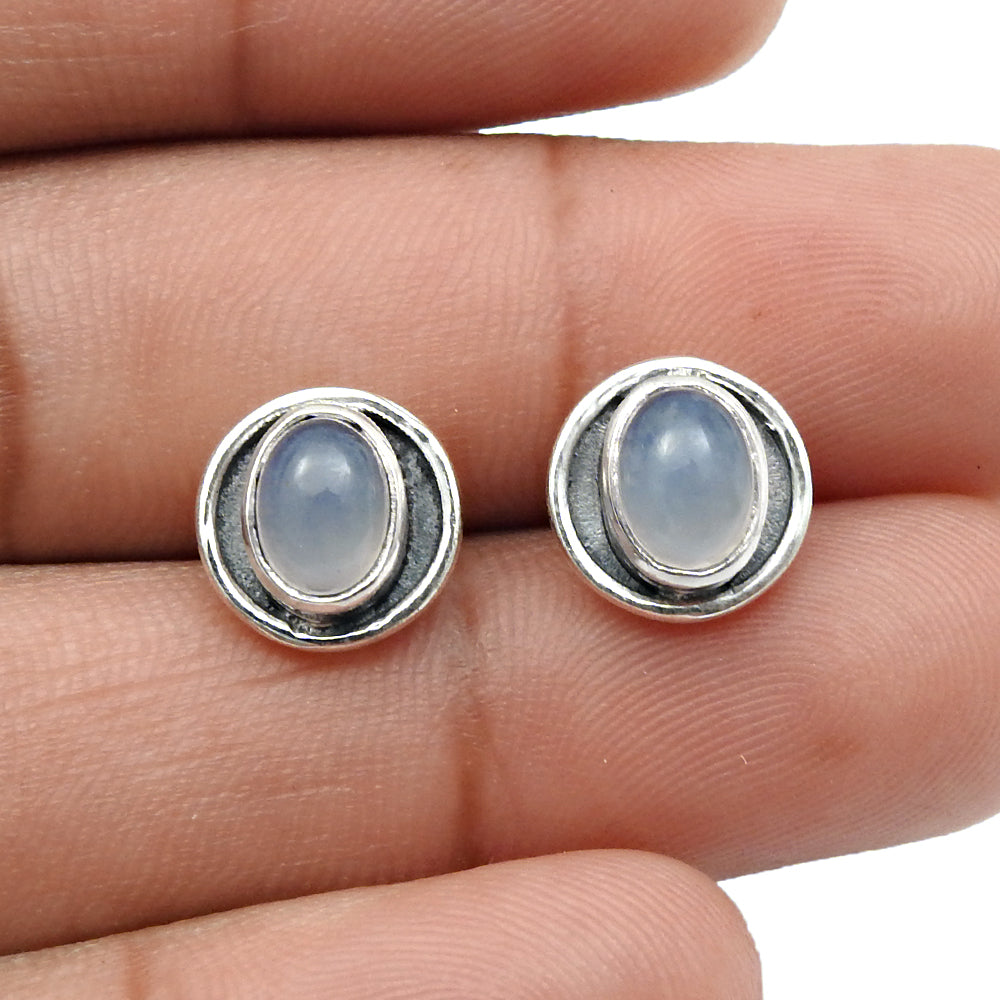 Oval Natural Chalcedony 925 Silver Bezel Anniversary Stud Post Daughter Earrings