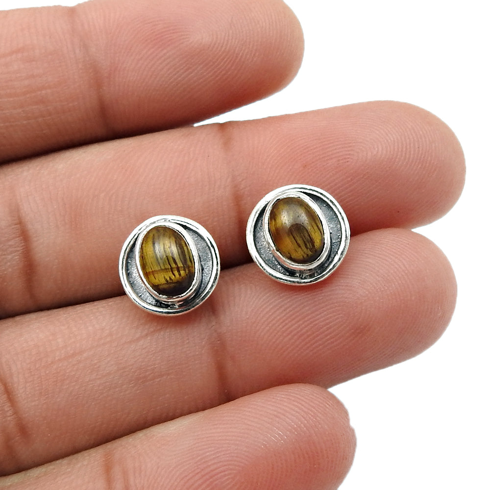Oval Tiger Eye Stone Solid Sterling Silver Elegant Anniversary Stud Earrings