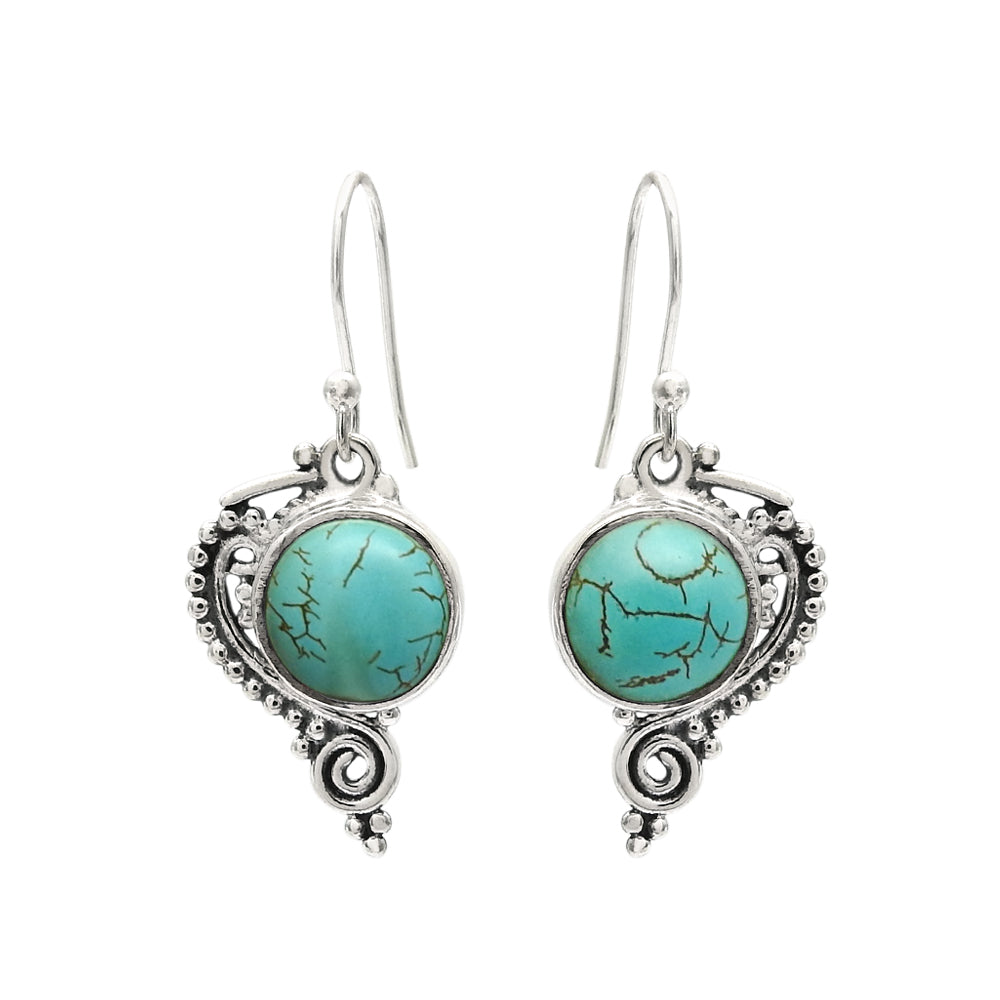 Round Turquoise Gemstone 925 Sterling Silver Unique Drop Birthday Bezel Earrings