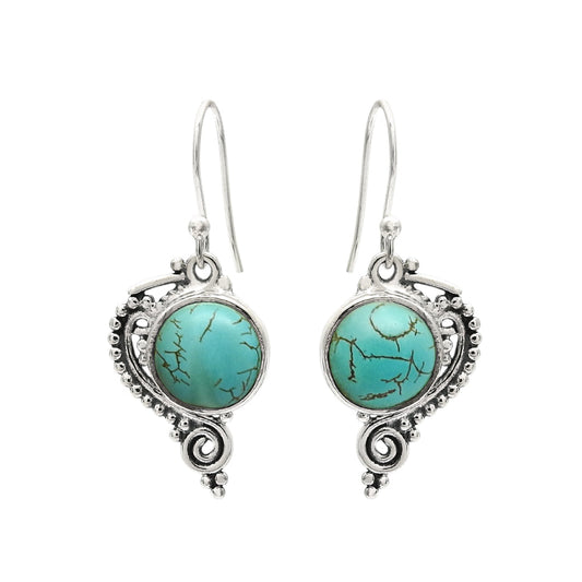Round Turquoise Gemstone 925 Sterling Silver Unique Drop Birthday Bezel Earrings