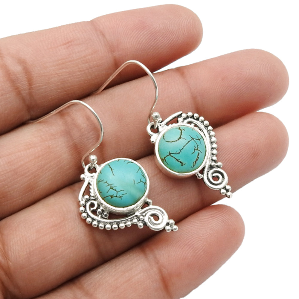 Round Turquoise Gemstone 925 Sterling Silver Unique Drop Birthday Bezel Earrings