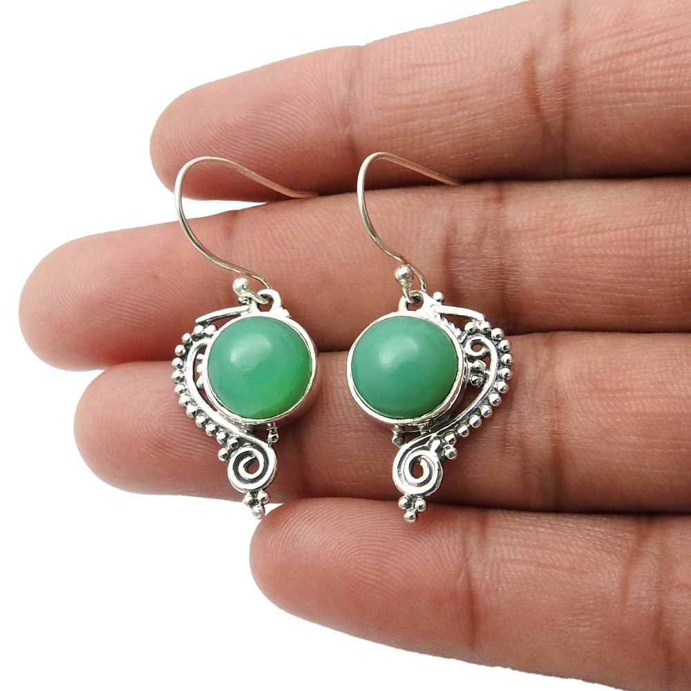 Heart Chakra Natural Chrysoprase Dangle Bezel Boho Earrings Jewelry Solid Silver