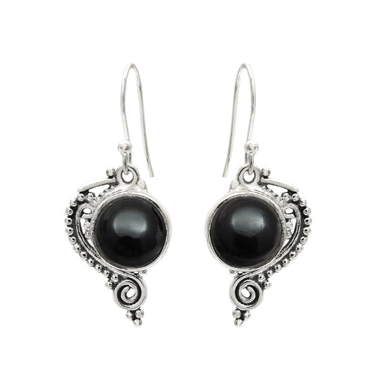 Round Natural Black Onyx Unique Dangle Bezel Hook Earrings Solid Sterling Silver