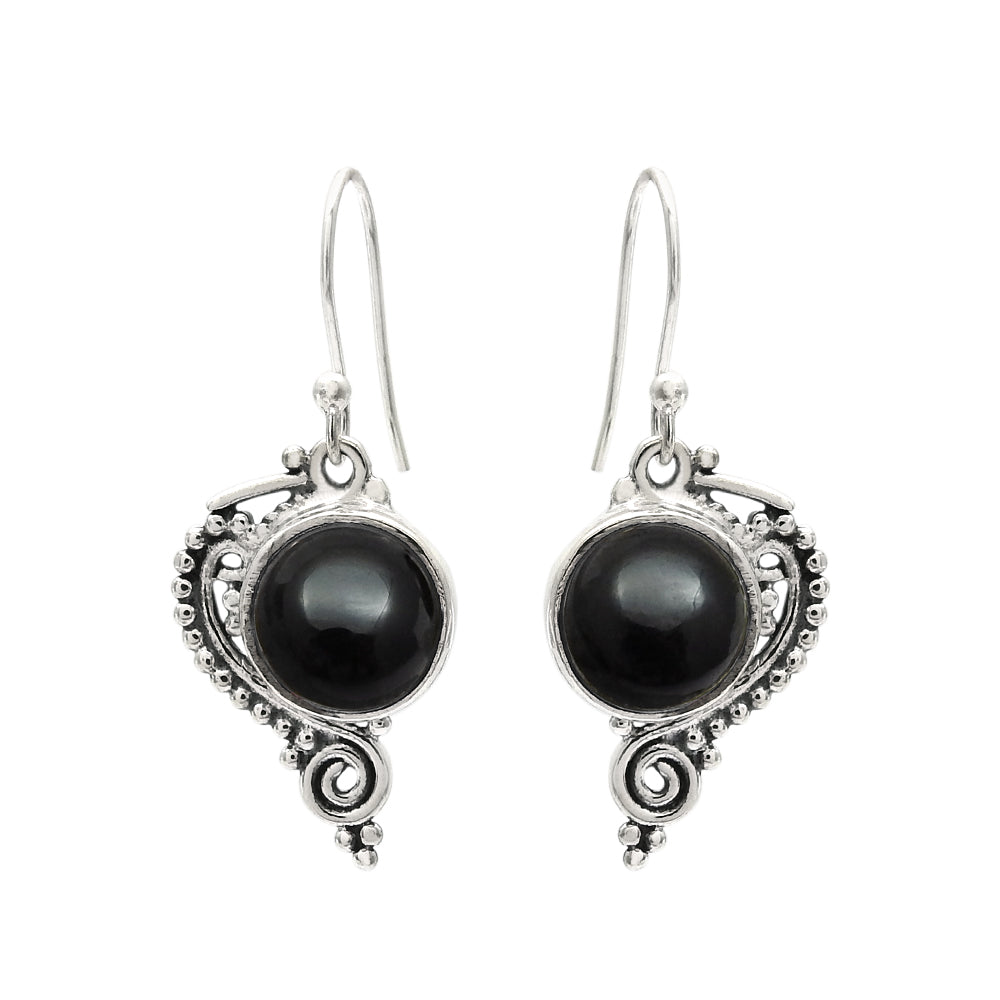 Round Natural Black Onyx Unique Dangle Bezel Hook Earrings Solid Sterling Silver