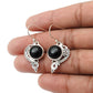 Round Natural Black Onyx Unique Dangle Bezel Hook Earrings Solid Sterling Silver