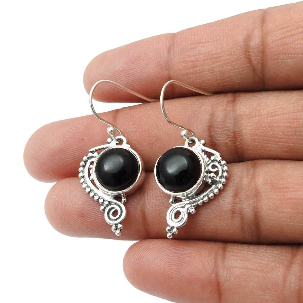 Round Natural Black Onyx Unique Dangle Bezel Hook Earrings Solid Sterling Silver