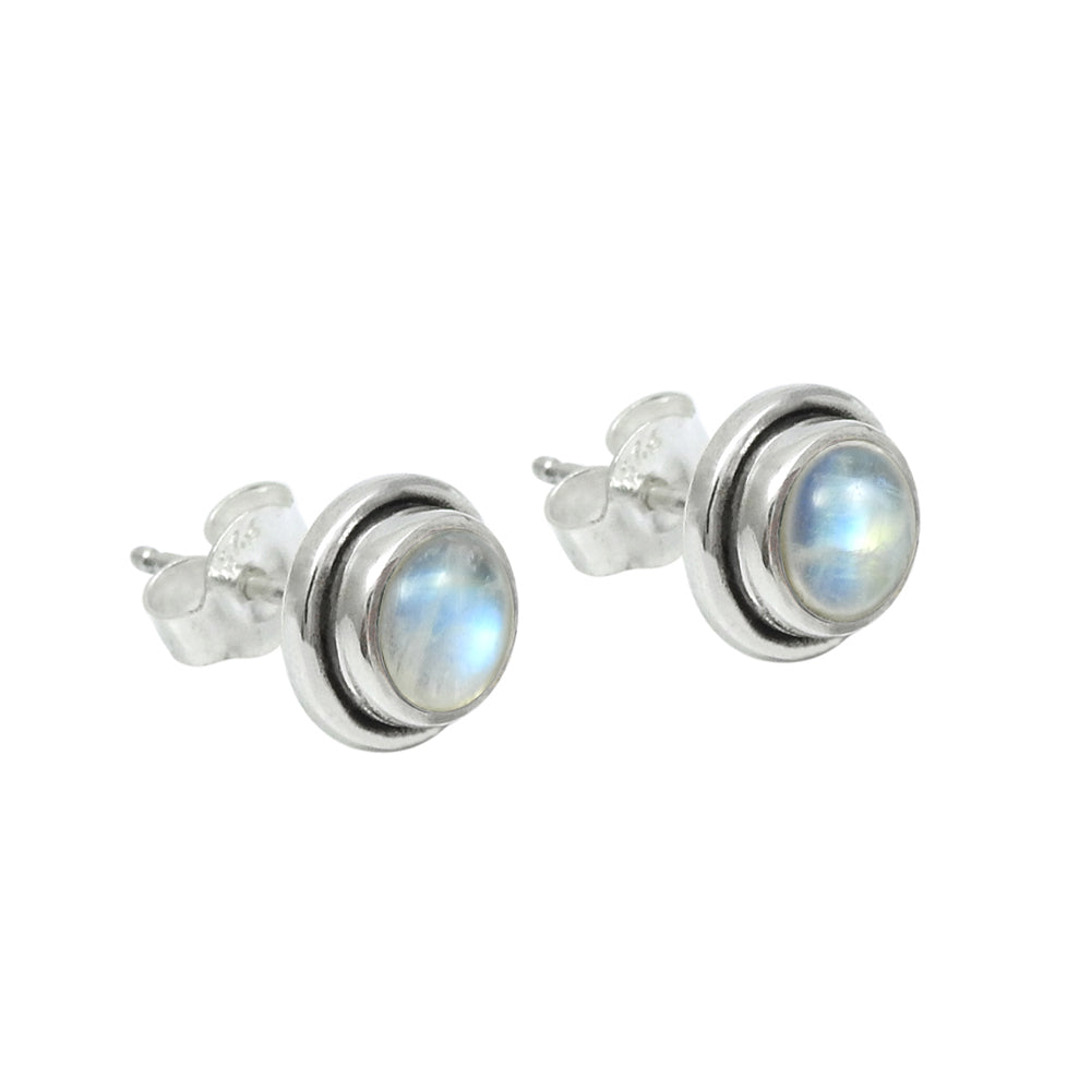 Round Rainbow Moonstone Gemstone Stud Post Crown Chakra Earrings Sterling Silver