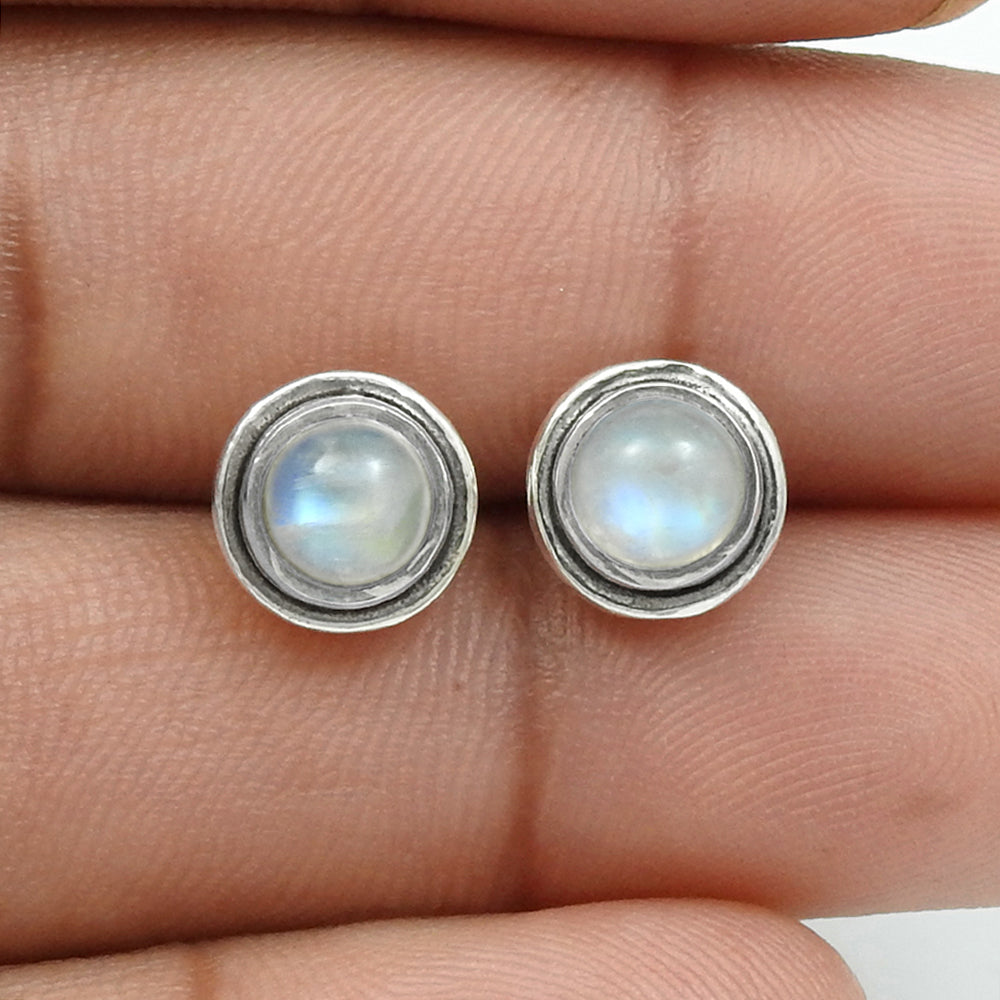 Round Rainbow Moonstone Gemstone Stud Post Crown Chakra Earrings Sterling Silver