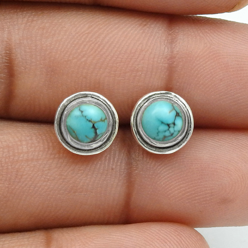 Turquoise Stone Mother Stud Post Bezel Handcrafted New Earrings 925 Solid Silver