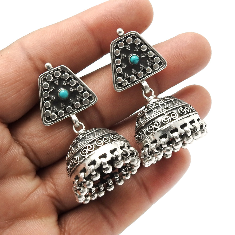 Round Turquoise Stone Solid Silver Drop Dangle Jhumki Butterfly Wife Earrings
