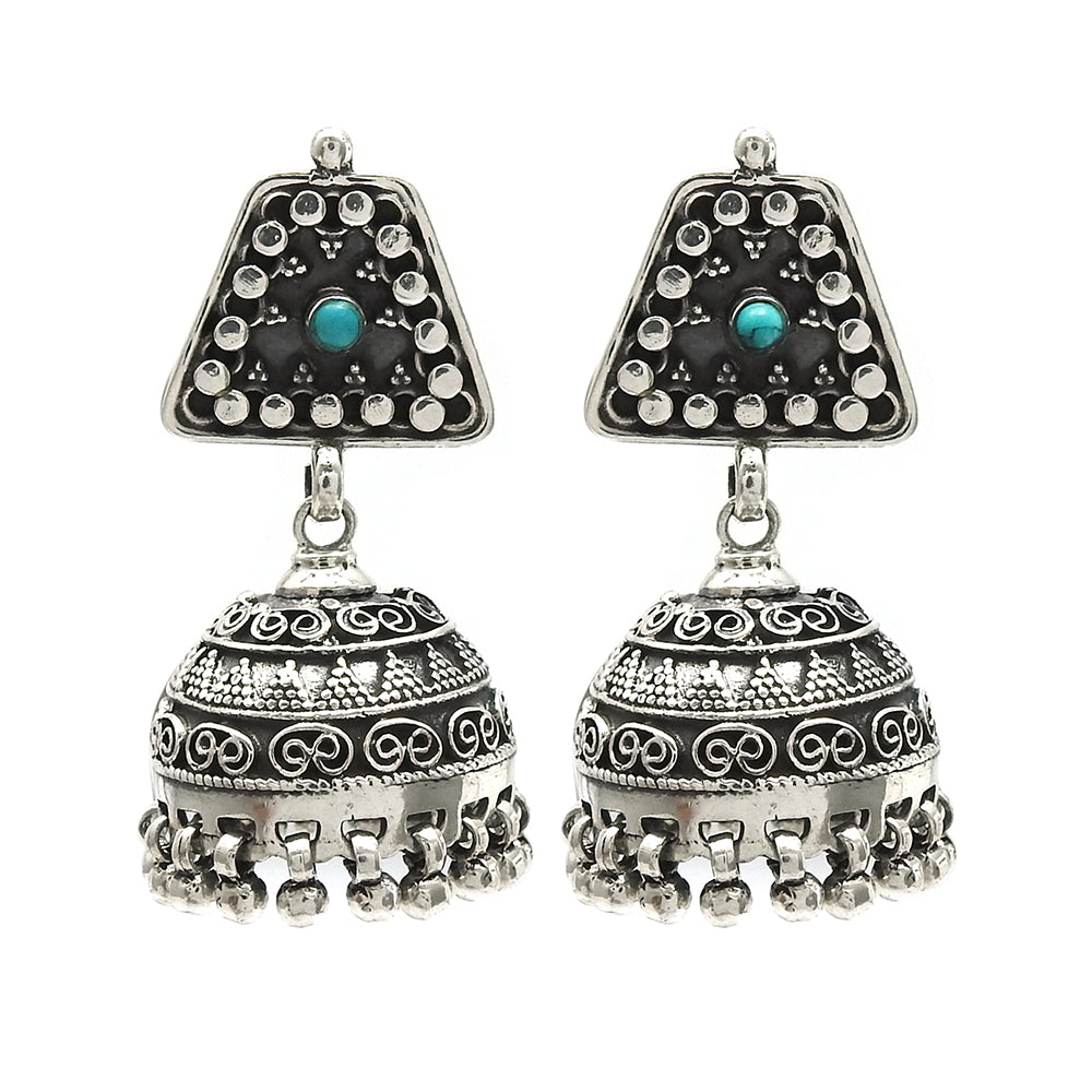 Round Turquoise Stone Solid Silver Drop Dangle Jhumki Butterfly Wife Earrings