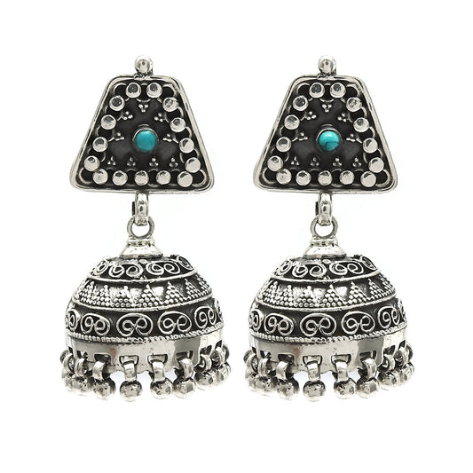 Round Turquoise Stone Solid Silver Drop Dangle Jhumki Butterfly Wife Earrings