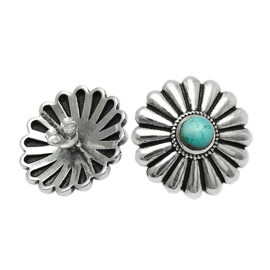 Round Natural Turquoise Sterling Silver Bezel Stud Post Butterfly Wife Earrings